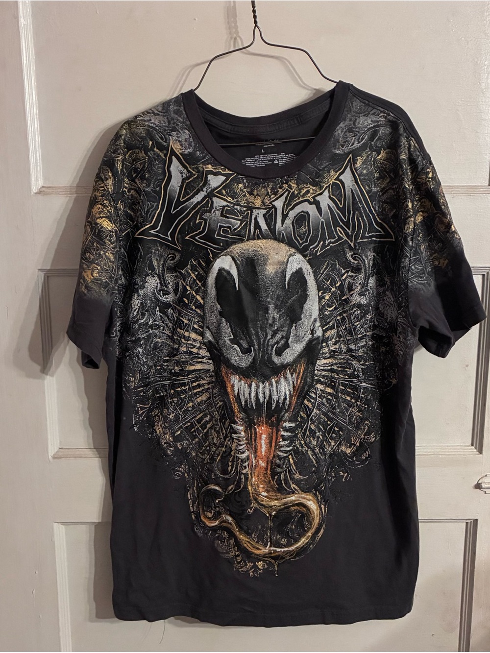 Mad Engine Marvel Charcoal Gray Gold Large Print Venom Tongue Graphic T-Shirt
